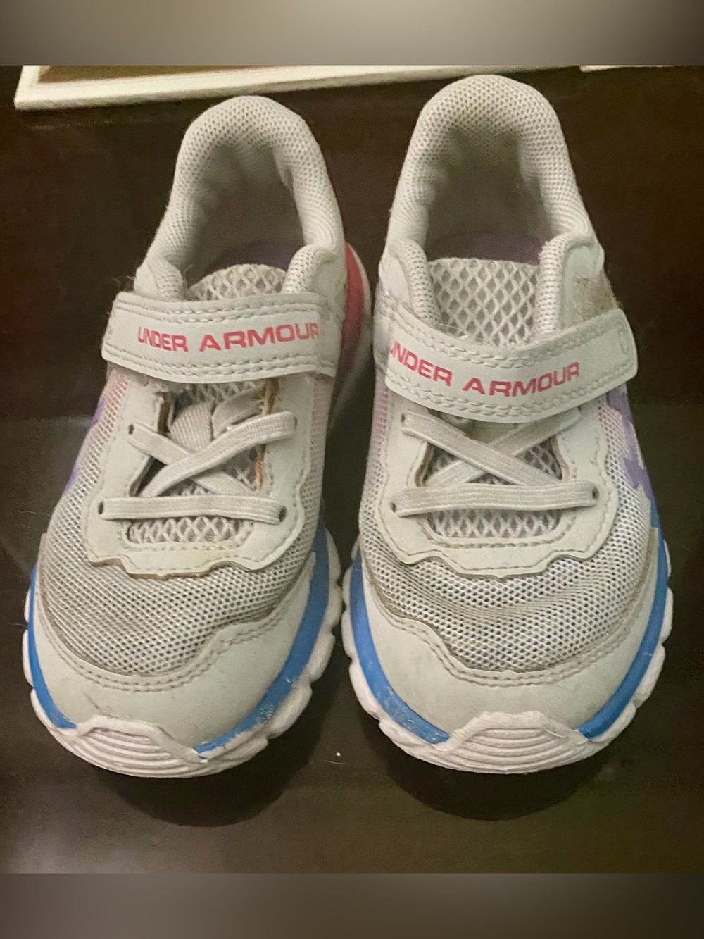 Under Armour Kids Light Gray Sneakers with Pink Logo and Blue Trim